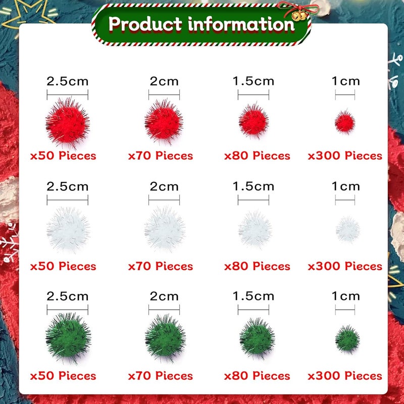Allruyee 1500 Pieces Christmas Pom Pom Christmas Tinsel pom pom Glitter Pom Pom Balls for Craft Making and Hobby Supplies (4 Sizes, White, Red, Green) - Image 2